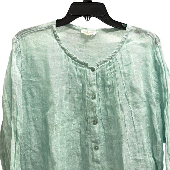 EILEEN FISHER Semi- Sheer Linen Gauze Button Front Long Sleeve Tunic Top Size L - Picture 2 of 7